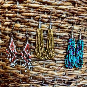Beaded Long Earrings Gold, Turquoise